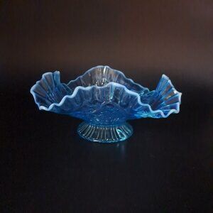 Fenton Blue Art Glass Ruffled Edge Footed Candy Dish Vintage